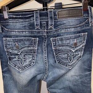 Rock Revival Bootcut Jeans Blue Denim Embellished Pockets midrise Straight sz 27